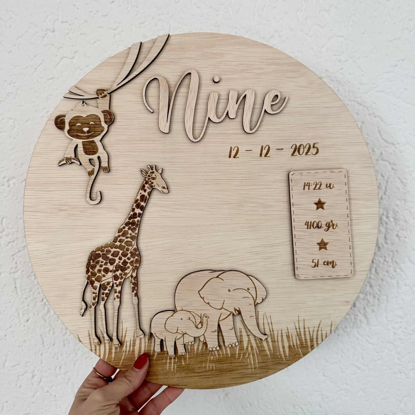 Gepersonaliseerd houten geboortebord - safaridieren/jungledieren